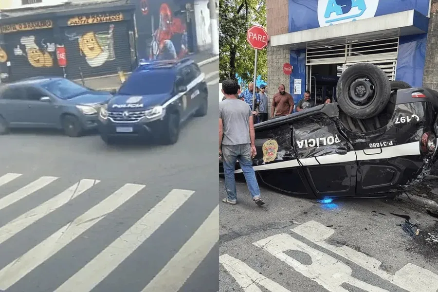 Viatura de polícia ignora “pare”, capota em acidente e deixa 3 feridos