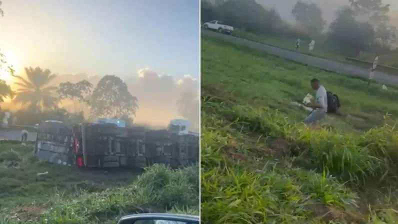 População saqueia carga de cerveja após carreta tombar na BR-324; veja vídeo