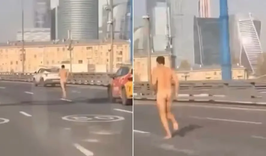 Motorista é visto correndo pelado por rodovia após causar engavetamento; veja vídeo!